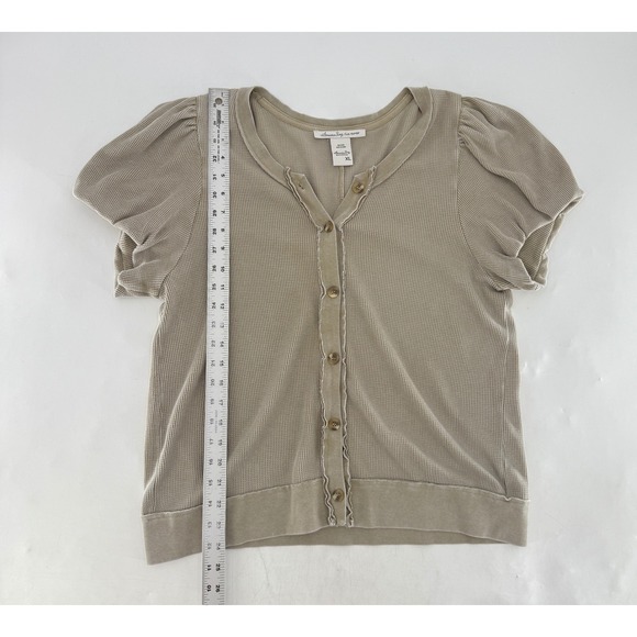 American Rag Womens Beige Waffle Knit Short Sleeve Button Up Top XL - Picture 8 of 9